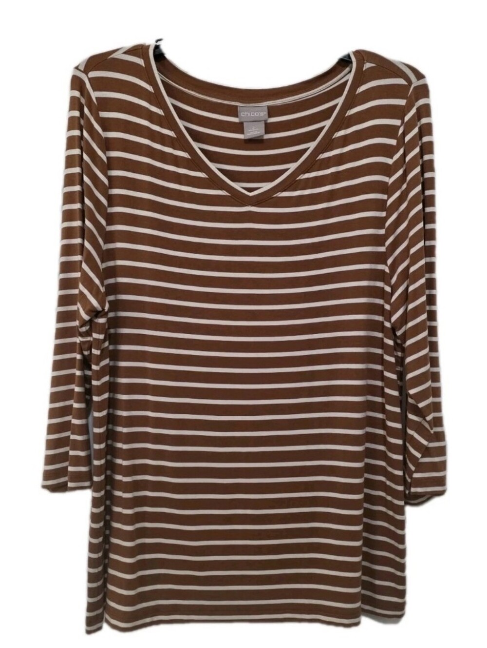 Chico's Women's 2 (L) Brown Stripe V-neck 3/4 Sleeve Tee Shirt